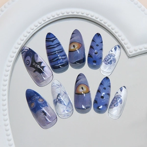 3D dark gothic devil press-on nails with blue tiger stripes and glitter accents