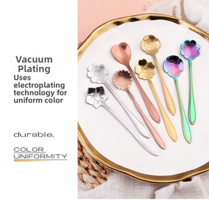 Detailed macro shot of assorted floral-shaped stainless steel dessert spoons on a plate