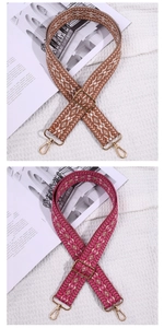 Adjustable ethnic style woven bag straps in brown and rose pink with gold metal buckles