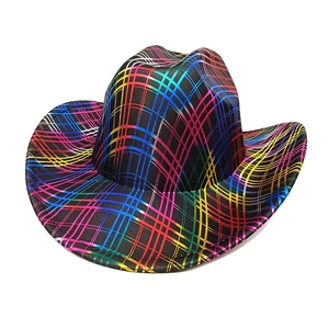 Detail of colorful rainbow grid pattern on black western cowboy hat for festive parties
