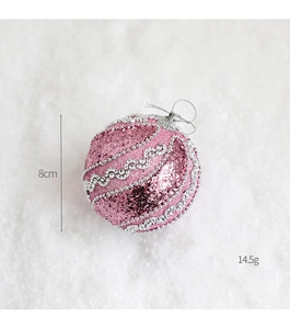 Pink glitter Christmas ball with silver wavy beads, 8cm diameter festive tree ornament