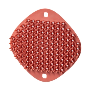 Pink multipurpose silicone dish scrubber brush with dense bristles and hanging hole for kitchen