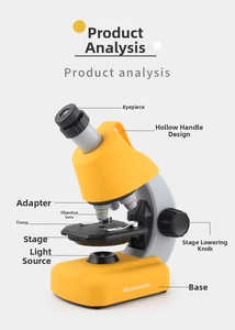 Detailed diagram of portable educational microscope showing eyepieces and lenses