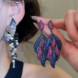 Luxury drop earrings with blue zircon butterflies and colorful tassels in vintage style
