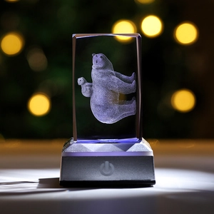 Macro view of 3D laser engraved polar bear crystal cube with colorful LED light base