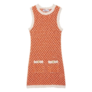 Women's orange and beige textured knit mini dress with sleeveless design and pockets