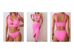 Detailed views of hot pink three-piece bikini set with tie-shoulder top and ruffled skirt