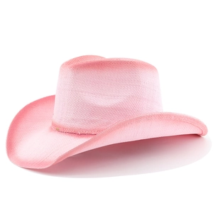 Pink woven western cowboy hat with wide brim for sun protection and outdoor beach wear