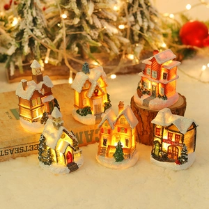 LED Luminous Christmas Village Snow House Resin Ornaments European Style Miniature Snowy Scene Desktop Decoration For Festive Home Party