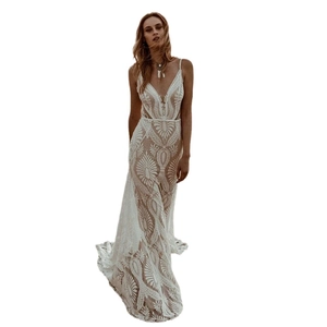 Elegant white lace mermaid wedding dress with V-neck, spaghetti straps and open back detail