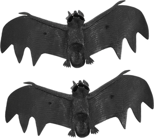 Detailed view of two realistic black rubber bats with textured wings for Halloween decor