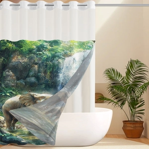Detail of waffle weave shower curtain with elephant jungle print and metal grommets