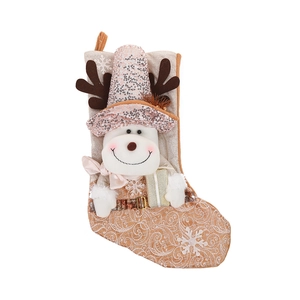 Festive Christmas stocking ornament with snowman design in champagne gold and beige sequins