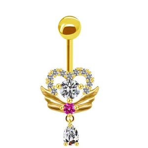 Golden heart navel ring with crystal wings and teardrop zircon on white background