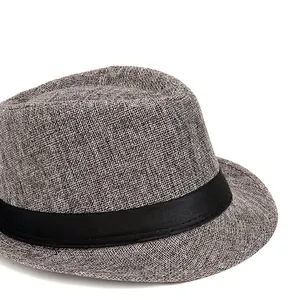 Classic grey woven sun hat with black ribbon, summer straw fedora for men outdoors