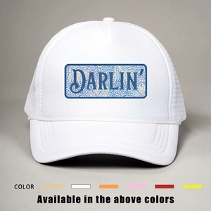 White trucker cap with DARLIN logo, vintage pattern, mesh back, and rope accent on brim