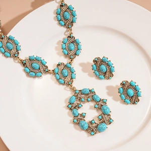 Parure de bijoux bohème avec collier à pendentif œil en résine turquoise et boucles