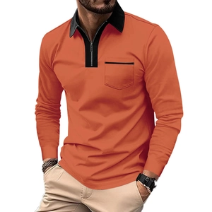 Polo da uomo arancione a maniche lunghe slim fit con colletto a contrasto nero e cerniera