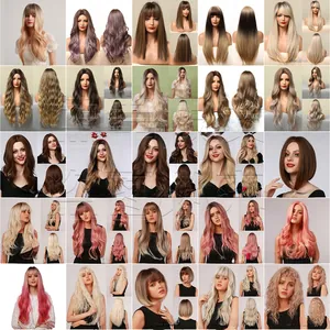 Collage showing various long wavy synthetic wigs with bangs in diverse gradient colors