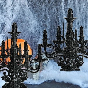 Gothic Halloween silhouette candle holder with glitter skull design for festive party decor