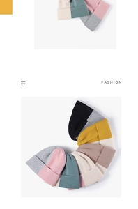 Detailed view of color-block knit beanies with ribbed texture and fashion embroidery