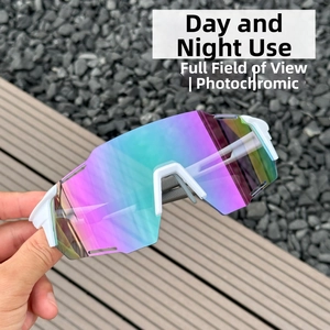Detail of white semi-rimless cycling sunglasses with blue-purple photochromic lenses