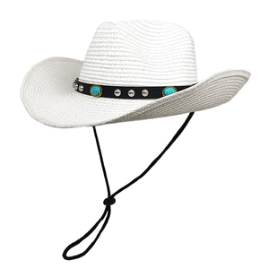 White woven western cowboy hat with turquoise beads and black strap on white background