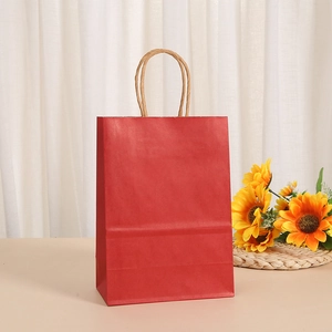 Detail of red kraft paper gift bag with twisted rope handle on a clean white background