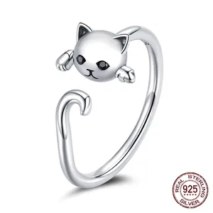 Minimalist S925 sterling silver open cat ring with black cubic zirconia eyes