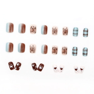 Cute cartoon cat and dog plaid pattern short square press-on nails set in blue and brown