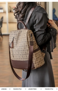 Detailed back view of a woman wearing the brown patterned multi-functional backpack