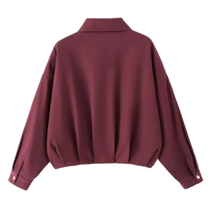 Giacca bomber bordeaux da donna con grandi tasche, vista posteriore in tessuto lucido