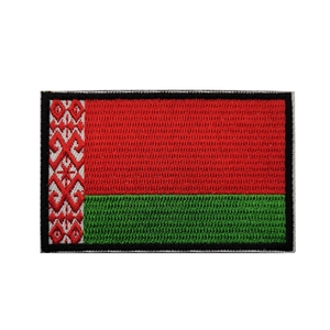 Detailed embroidery of Belarus flag patch with red national pattern and high density stitching