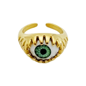 Golden adjustable open ring with green avocado flower and evil eye enamel design