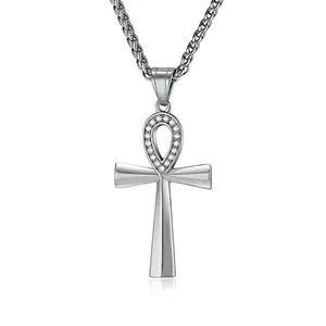 Ankh Cross Necklace Stainless Steel Zircon Rhinestone Ancient Egyptian Life Key Religious Vintage Gothic Hip Hop Jewelry