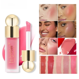 Détails du blush liquide avec applicateur et démonstration sur différents teints