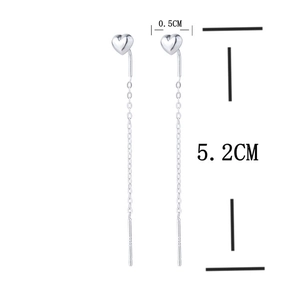Detail view showing 5.2cm length and 0.5cm width of silver heart tassel earrings
