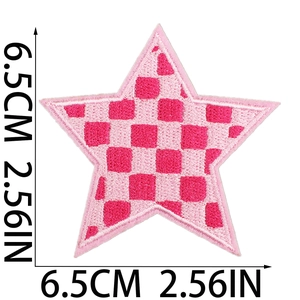 Detail of pink checkered star embroidery patch with 6.5cm size dimensions