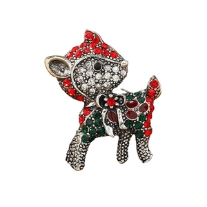 Luxurious vintage reindeer brooch with red and green crystals on silver metal base