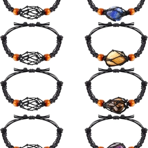 Bracciale intrecciato nero regolabile con cristalli naturali e dettagli in legno