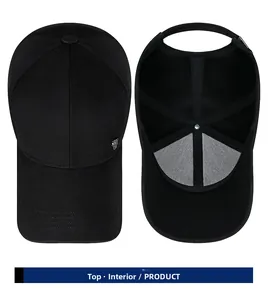 Detail view of the breathable mesh lining and metal shield emblem on black baseball cap
