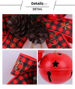 Detail view of red Christmas bell with plaid ribbon, pine cones and berry ornaments