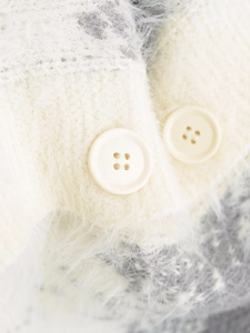 Detail of white plush knit cardigan showing soft texture and ivory buttons close-up