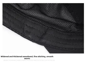 Detail of widened sweatband and breathable mesh lining inside black baseball cap