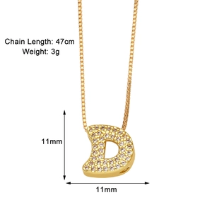 Detail showing gold letter D pendant necklace with dimensions 11mm and 47cm chain length