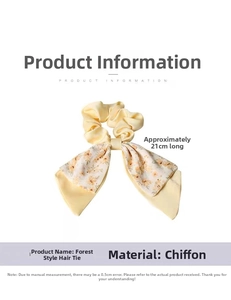 Chiffon floral bow scrunchie with long ribbons in light yellow finish, 21cm length