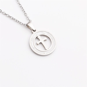 Silver stainless steel necklace with round white shell inlay and hollow cross pendant