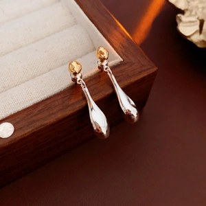 Minimalist Teardrop Dangle Earrings Gold And Silver Two Tone Copper Drop Jewelry With Silver Earring Post For Women