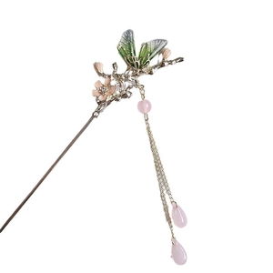 Silver vintage hairpin with green dragonfly wings, pink flowers and tassel droplets