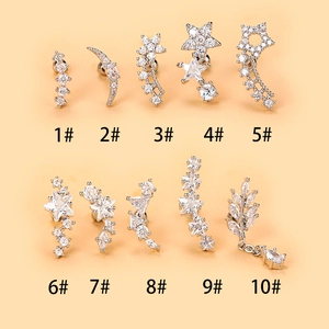 Cartilage Stud Earrings Stainless Steel Copper Cubic Zirconia Star Moon Leaf Geometric Piercing Jewelry For Women Men